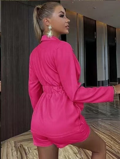 Women turndown collar v-neck long-sleeved pocket top shorts two-piece set 5