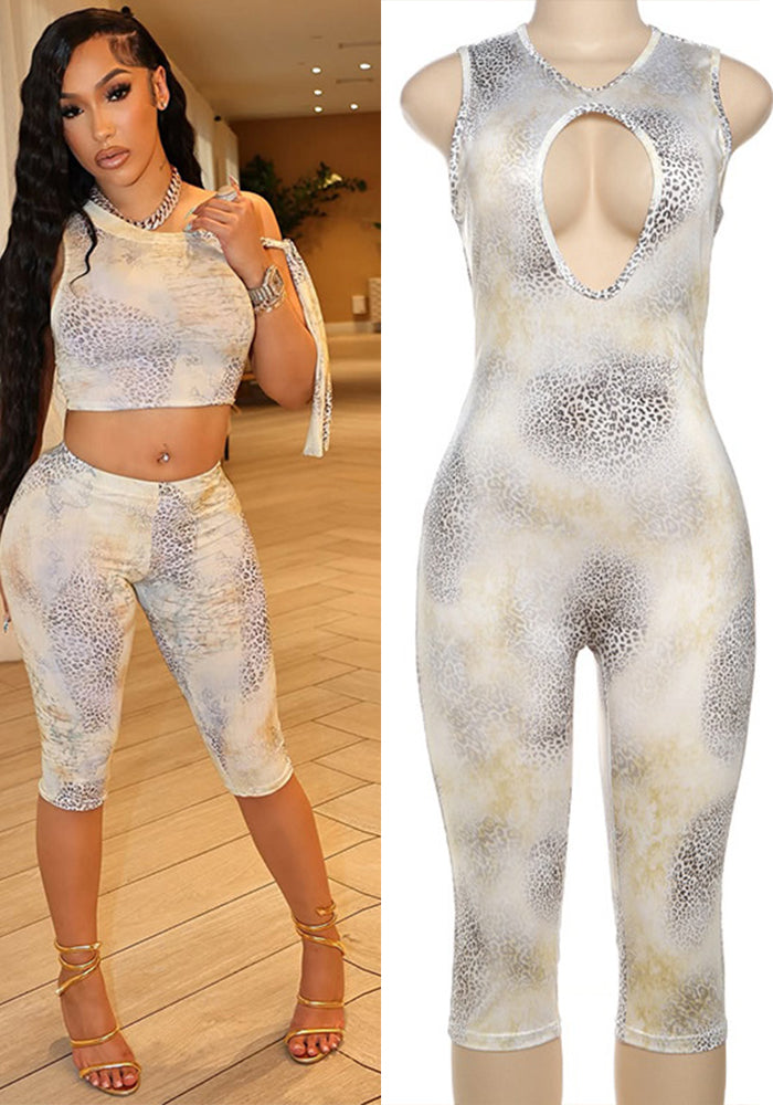 Summer Women's Fashion Street Contrast Leopard Print One-Shoulder Crop Top Shorts Two-Piece Set