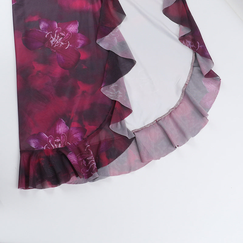 Street-Style Holiday Ruffled Print Two Piece Set Summer Sexy Slit Skirt Set 15