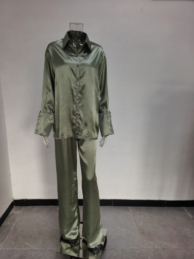 Solid Color Satin Long Sleeve Casual Two Piece Pants Set Trendy Lounge Wear 33