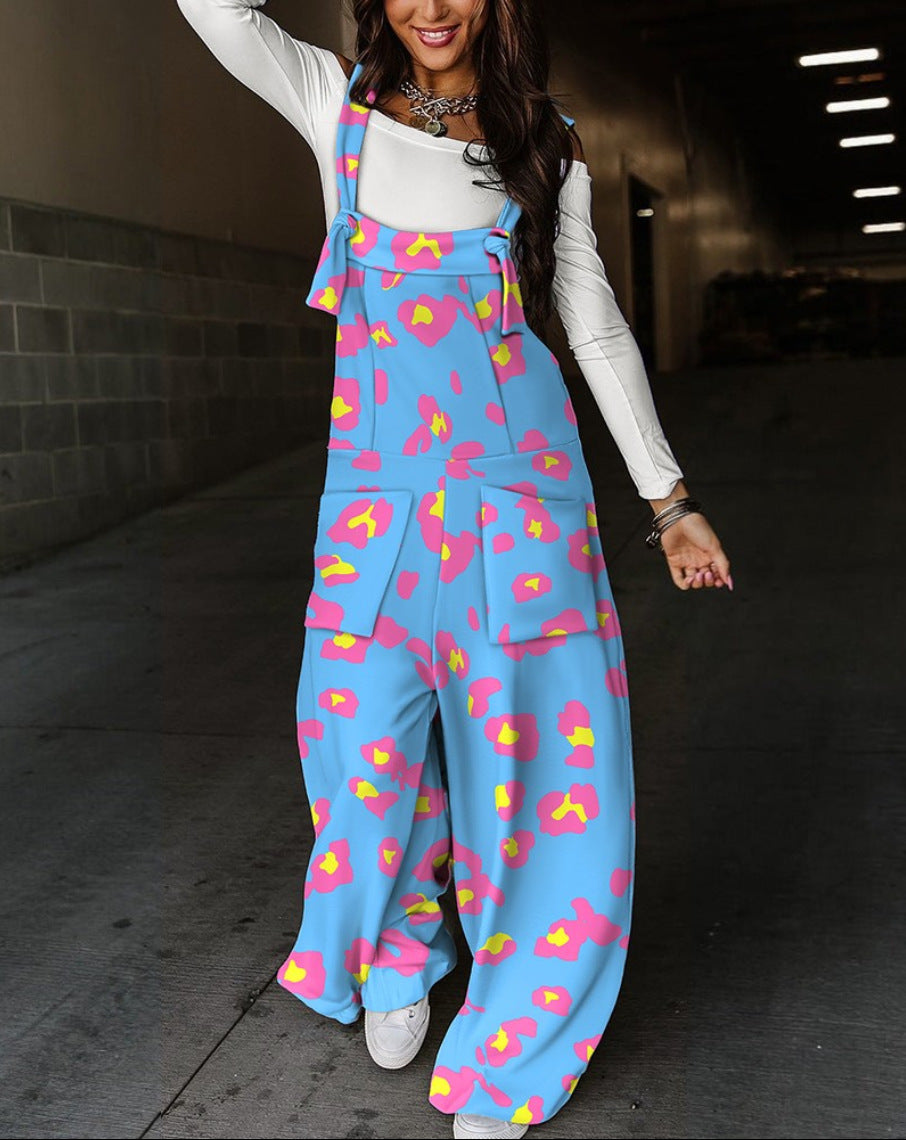 Women Fall Print Lace-Up Overalls 7