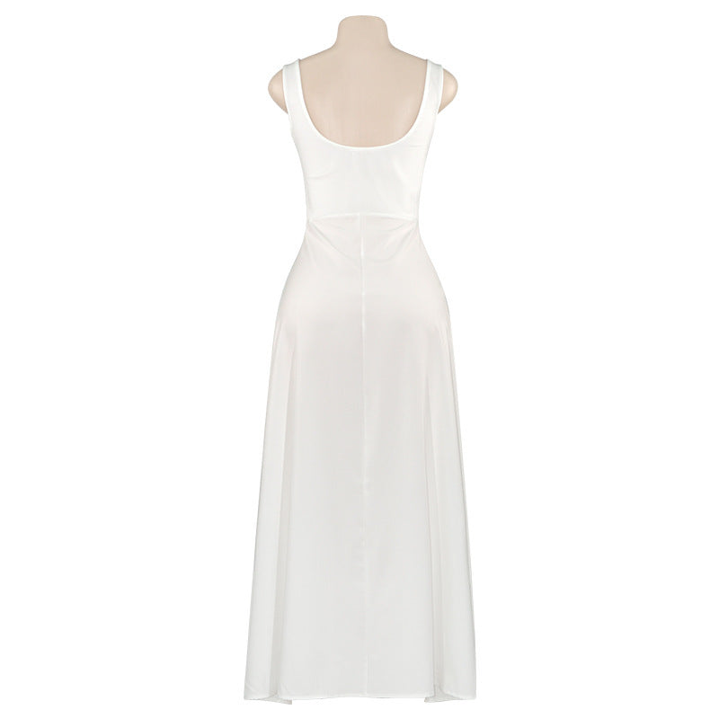 Spring Summer Square Neck Sleeveless Slim Waist Strap Dress 16