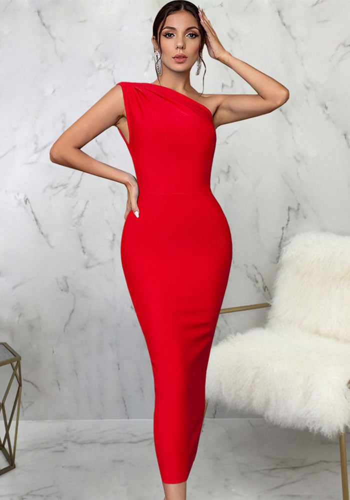 Sexy solid color one shoulder women's dress 6