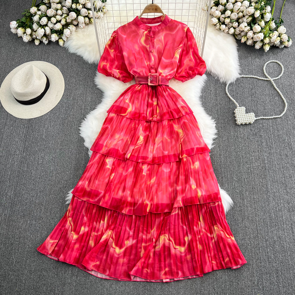 Puff Sleeve Stand Collar Slim Waist Tie-Dye Print A-Line Layer Dress 11