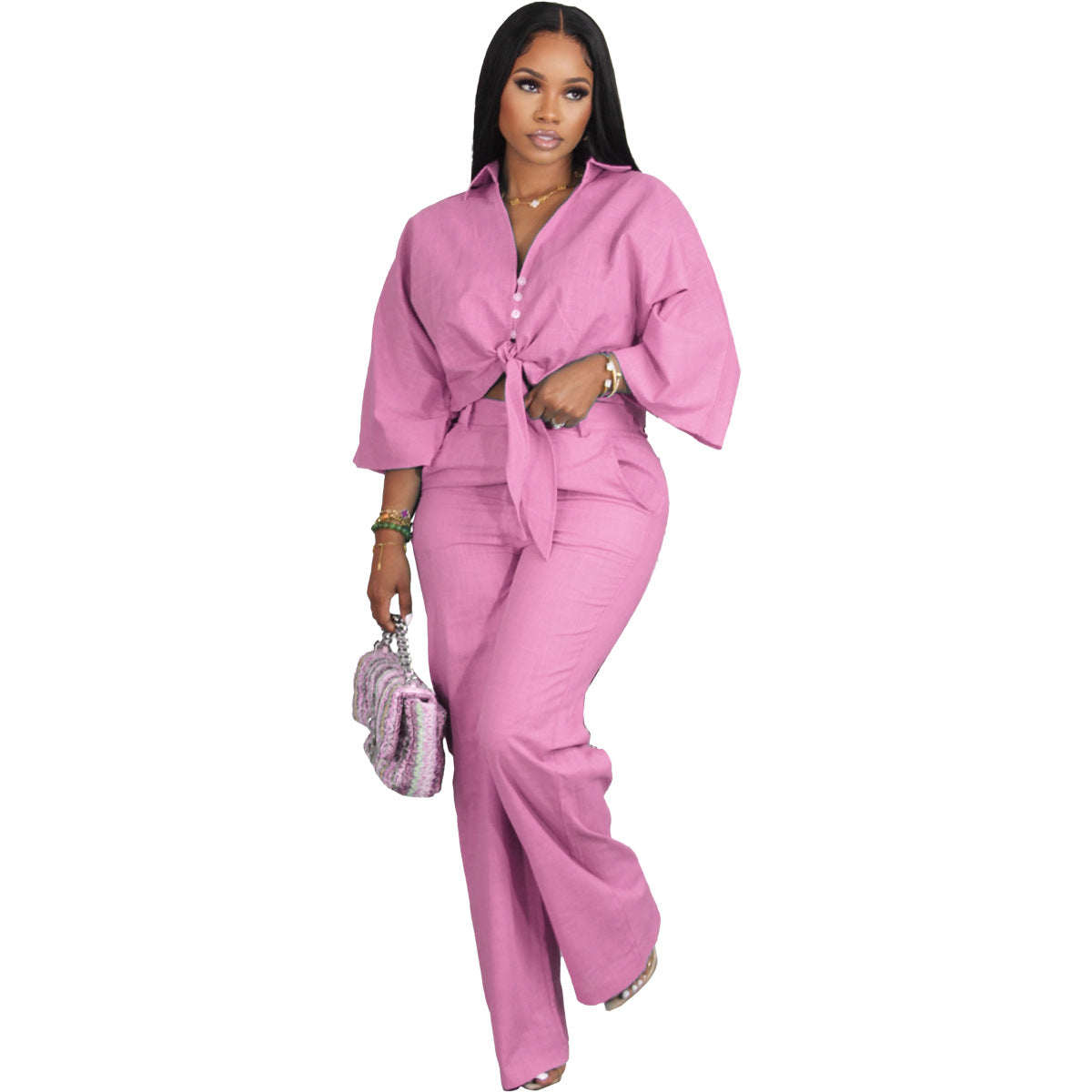 Women Chic Solid Shirt and Pant Casual Two-Piece Set 8