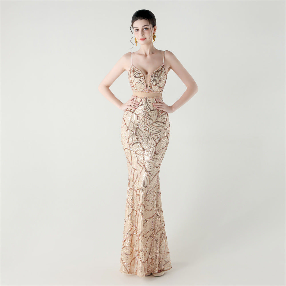 Women See-Through Mesh back cross Lace-Up fishtail sequined evening dress 13