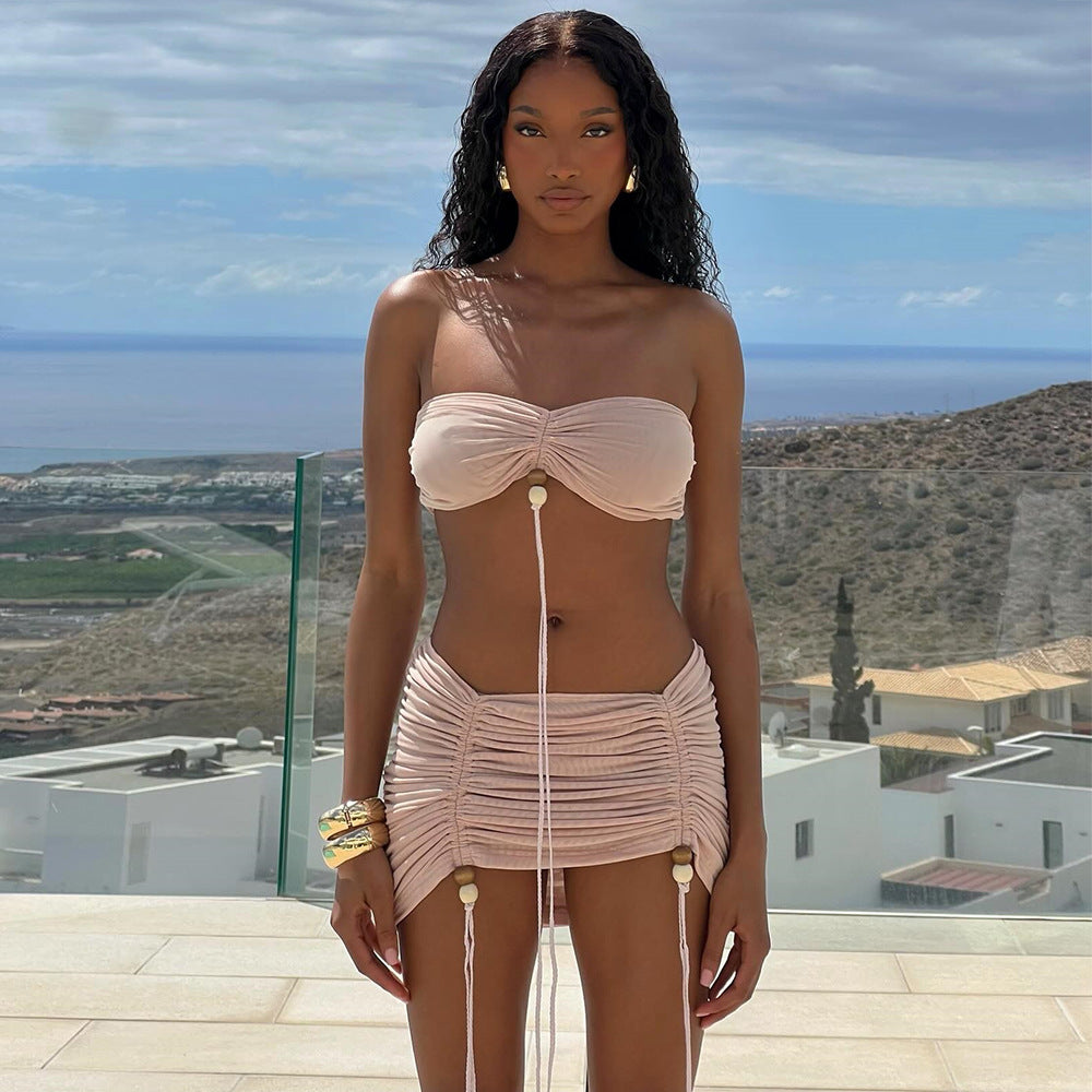 Women Summer Crop Lace Wrinkle Strapless Top and Skirt Two-piece Set 4