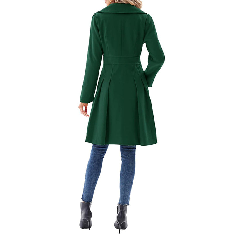 Women Fall and Winter Turndown Collar Double-Breasted Pocket Windbreaker 69