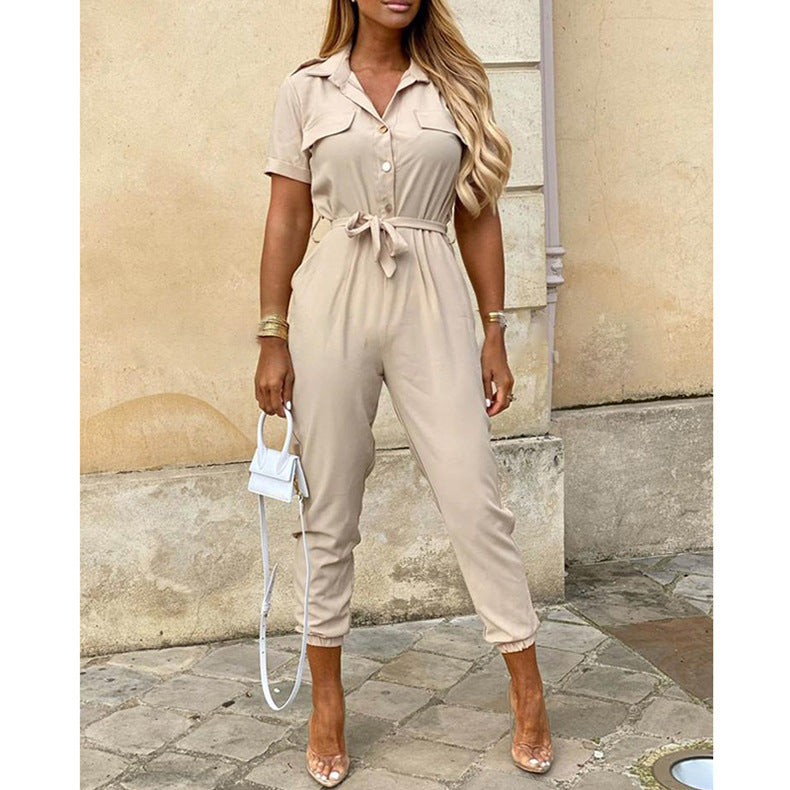Women'S Summer Cargo Trousers Casual Turndown Collar Buttoned Printed Belt Jumpsuit 9