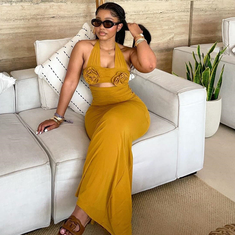 Women Fall Halter Neck Floral Dress 3