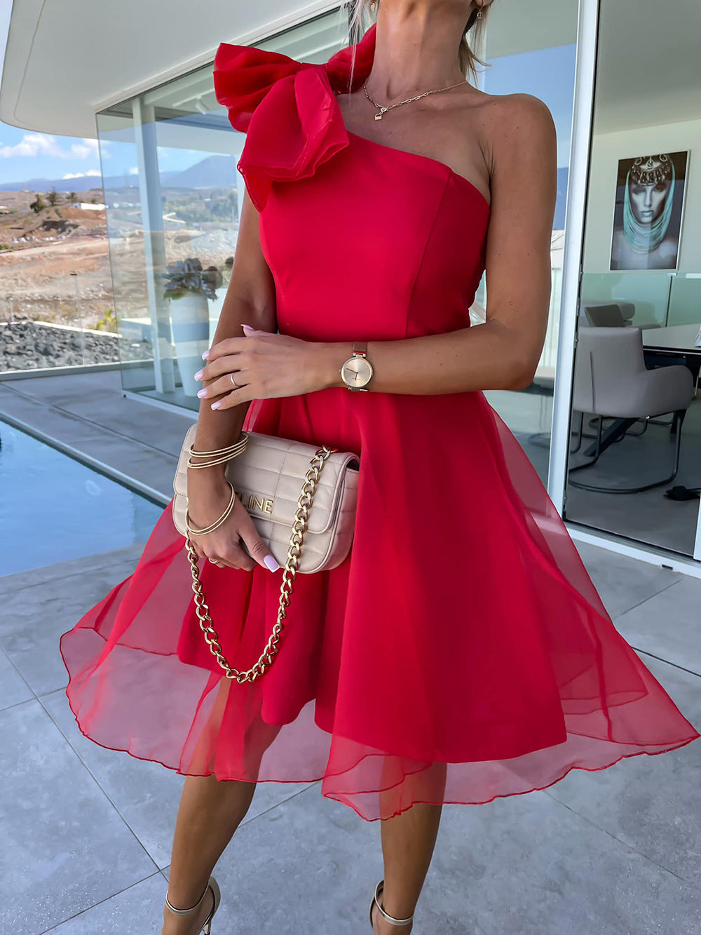 Women One Shoulder Sleeveless Mesh Patchwork Dress 10