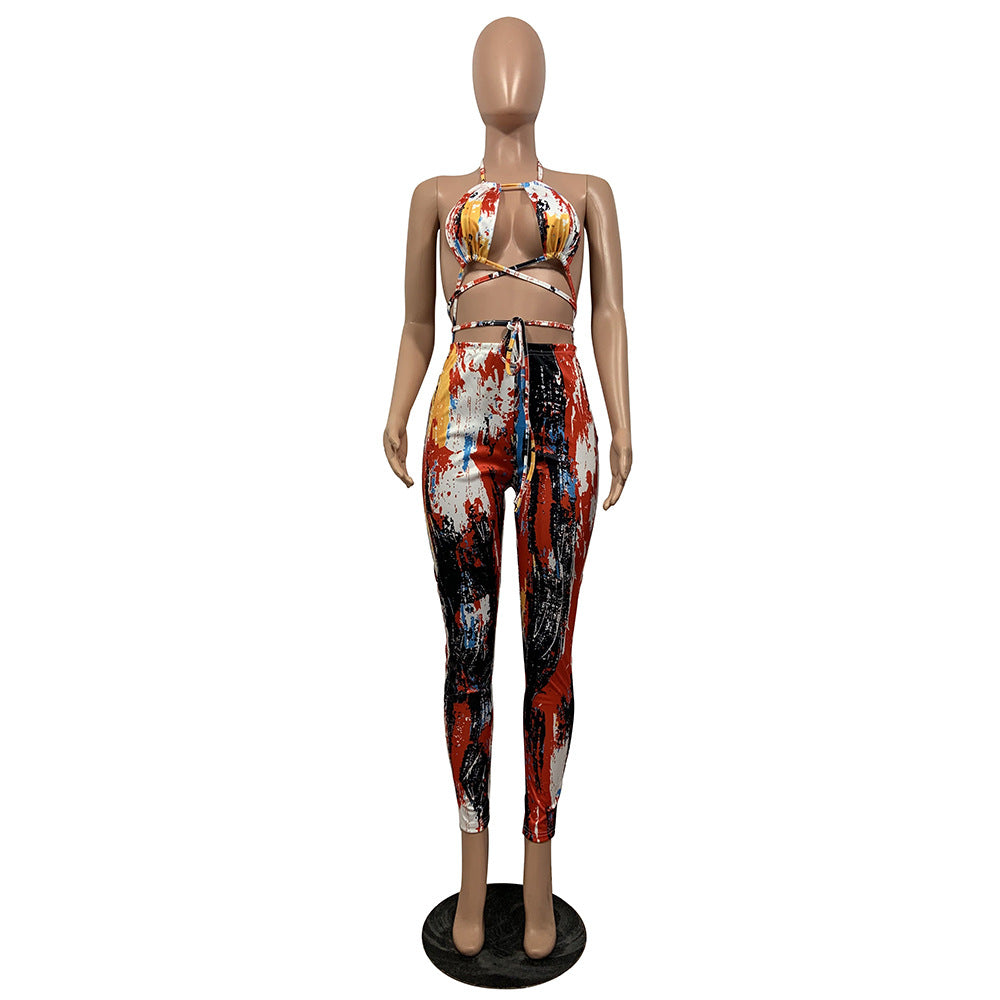 Women's Sexy Fashion Tie-Dye Tie-Up Two-Piece Trousers Set 11