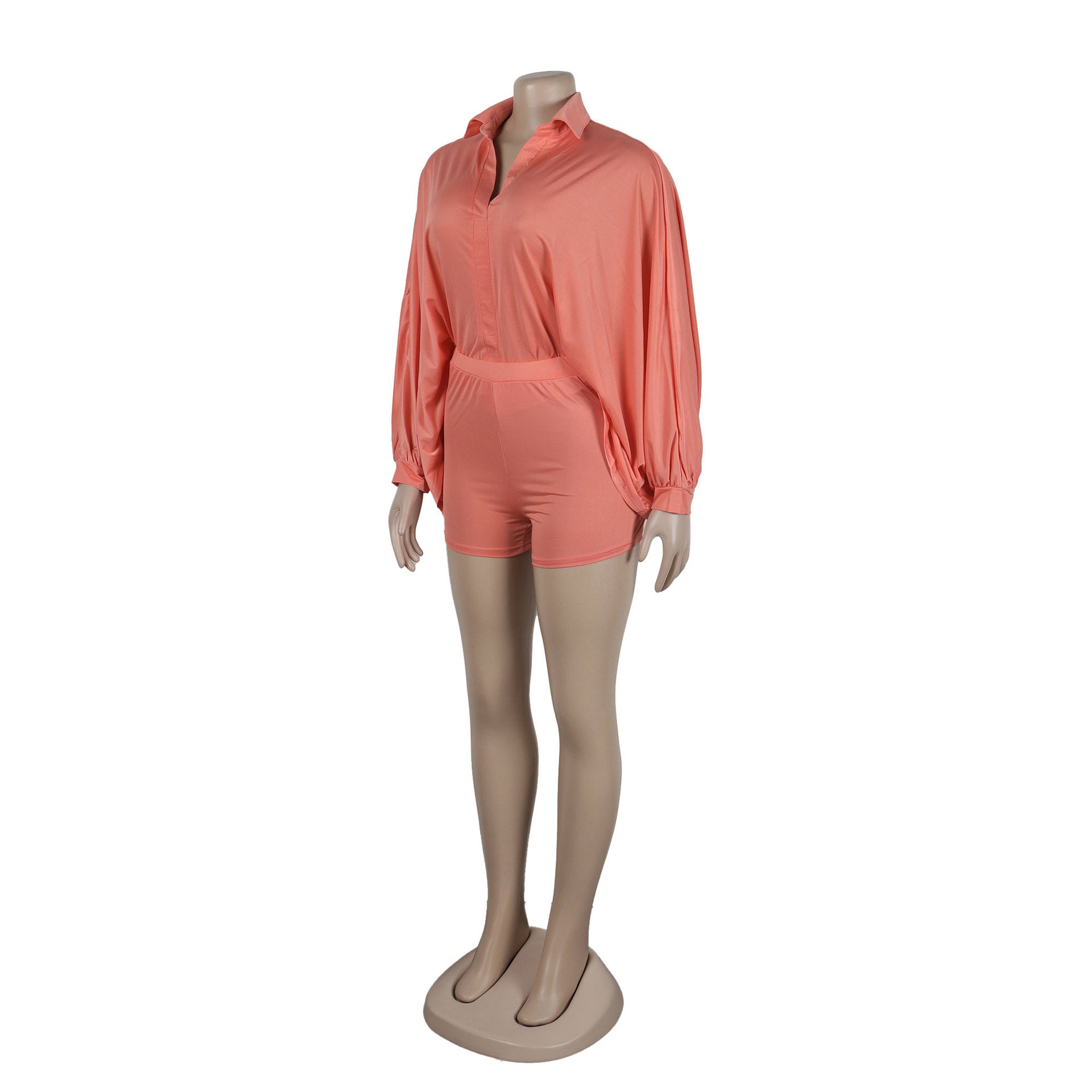 Sexy Solid Color Bat Sleeves Loose Shirt Shorts Two Piece Set 11