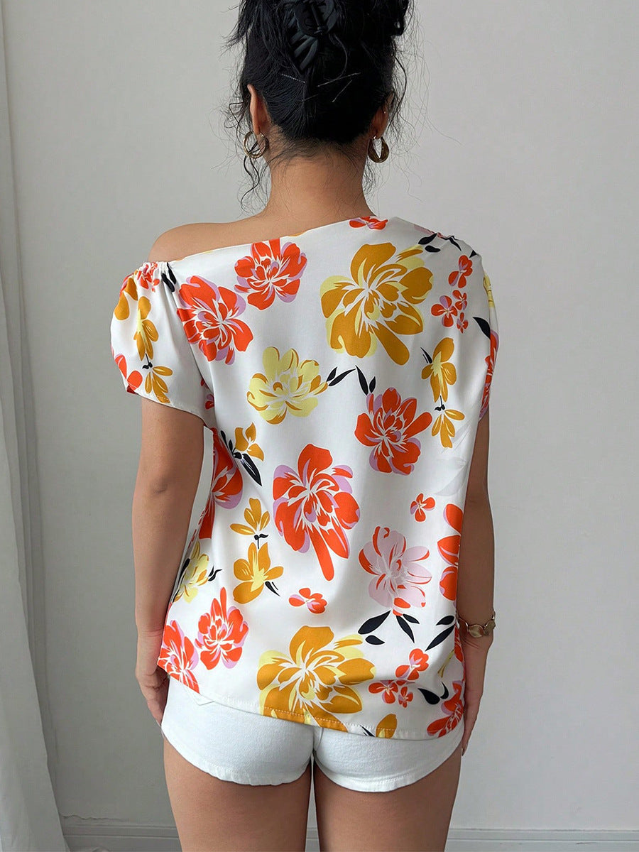 Slash Shoulder Shirt Summer Women's Pullover Holidays Short Sleeve Blouse 3