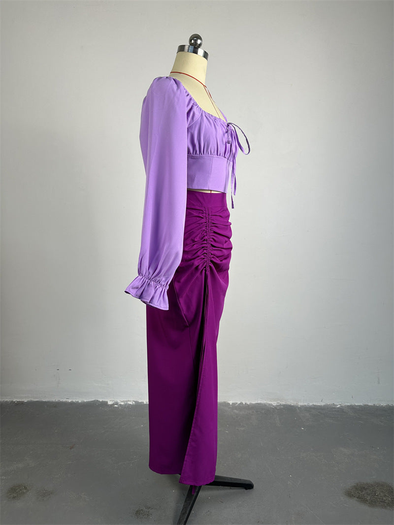 Women's Spring Fashion Square Neck Bell Bottom Sleeve Cropped Top Slit Skirt Two Piece Set 13