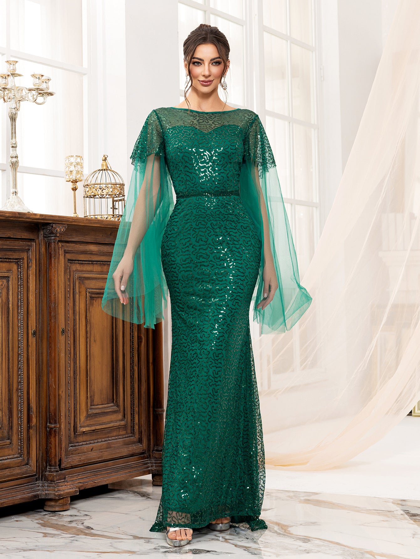 Low-Back Green Women's Long Sleeve Formal Party Sequin Fishtail Evening Dress 5