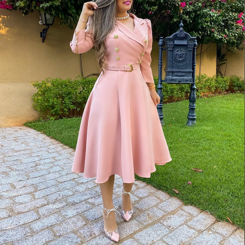 Elegant Women'S Turndown Collar Carrer A-Line Dress With Belt