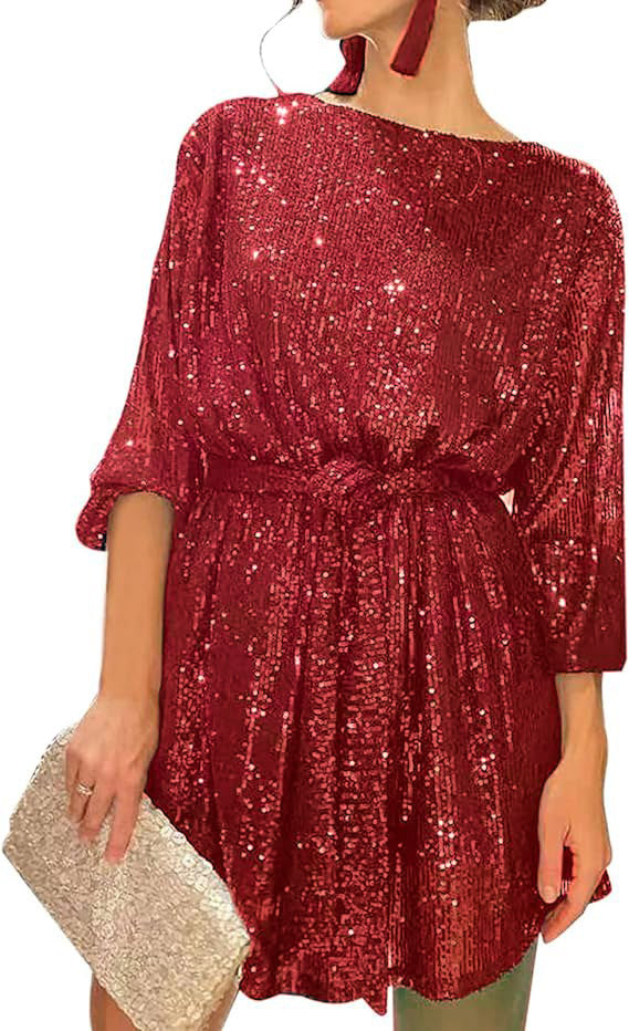 Summer Sequin Round Neck Long Sleeve Casual Loose Sequin Dress 7