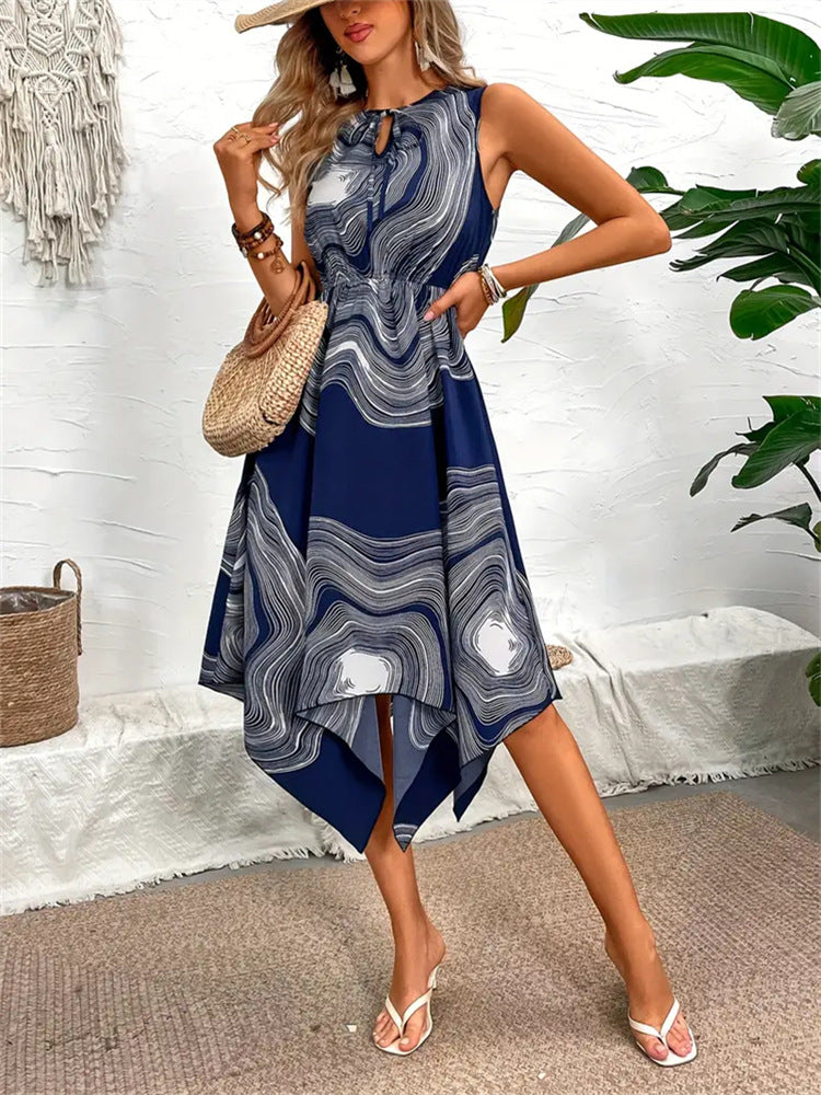 Spring Summer Printed Slim Waist Irregular Shirt Dress 5