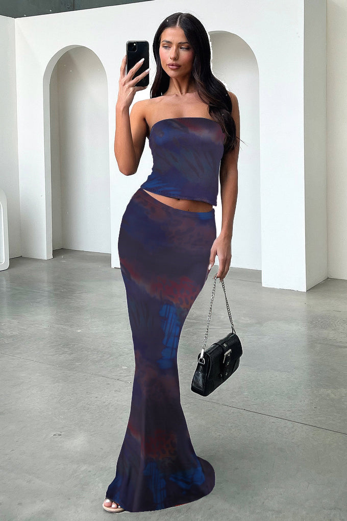 Women Summer Sexy Printed Strapless Top and Skirt Two-Piece Set 12