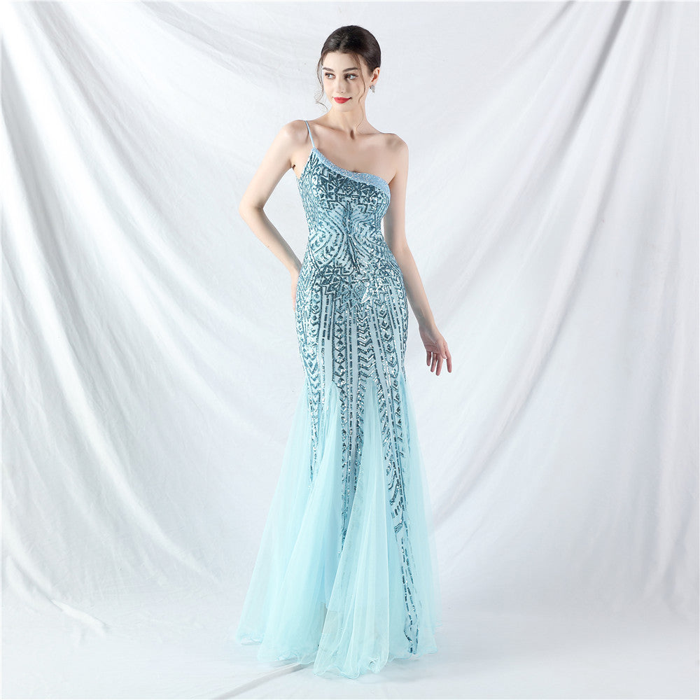 Sexy One Shoulder Sequins Mesh Patchwork Evening Dress 21