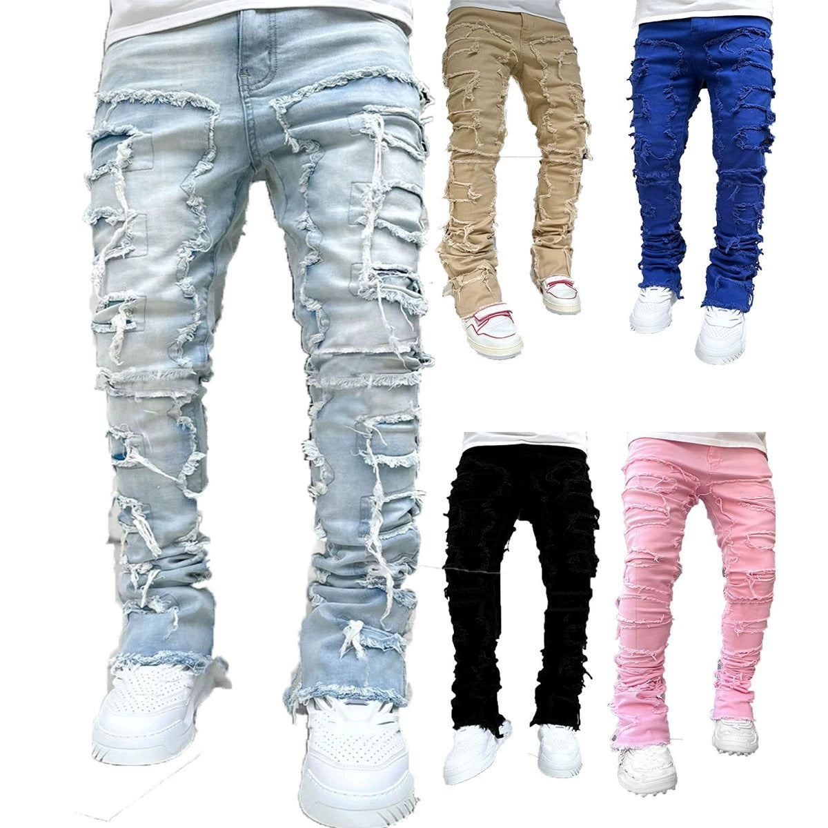 Men's Street Stretch Patch Denim Straight Pants 18