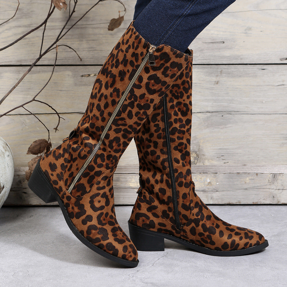 Women French Retro Leopard Print Medium Chunk Heel Short Boots Overboots 3