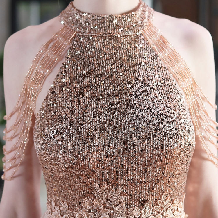 Summer Occassional Gold Sequin Mesh Patch Halter Evening Dress 4
