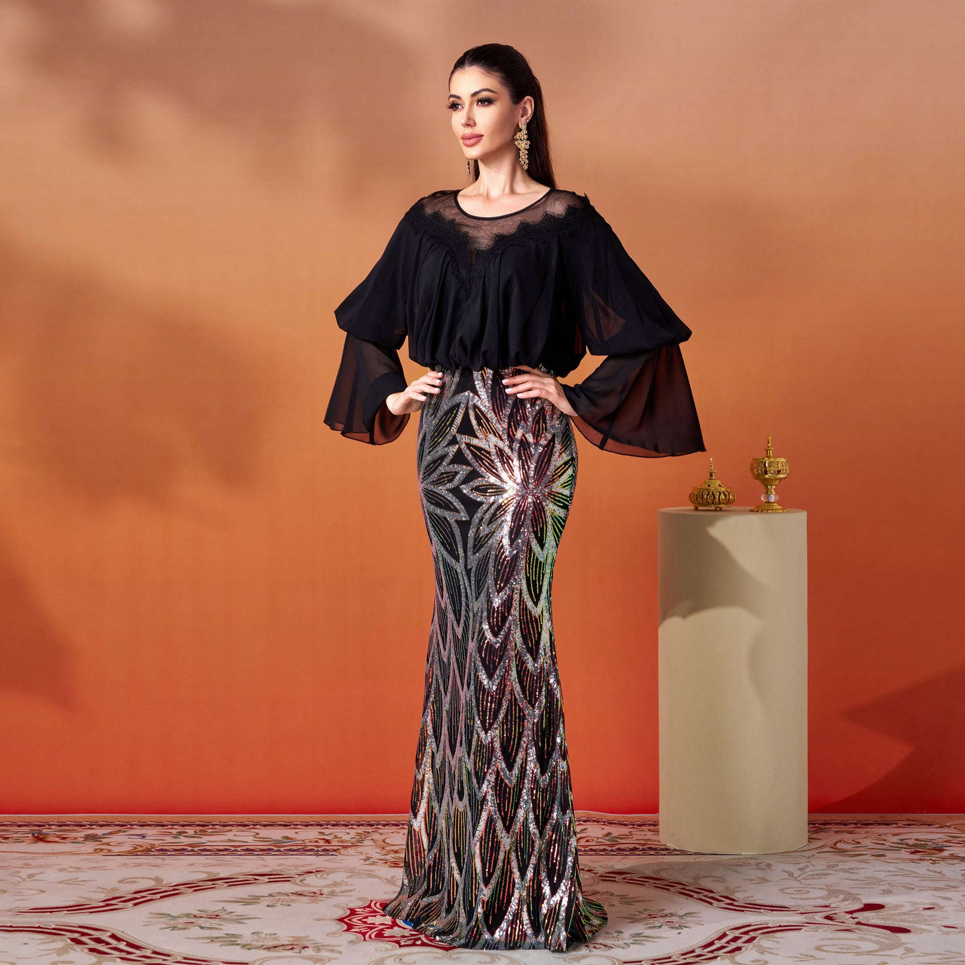 Women Long Sleeve Round Neck Sequin Formal Party Bodycon fishtail evening dress 5