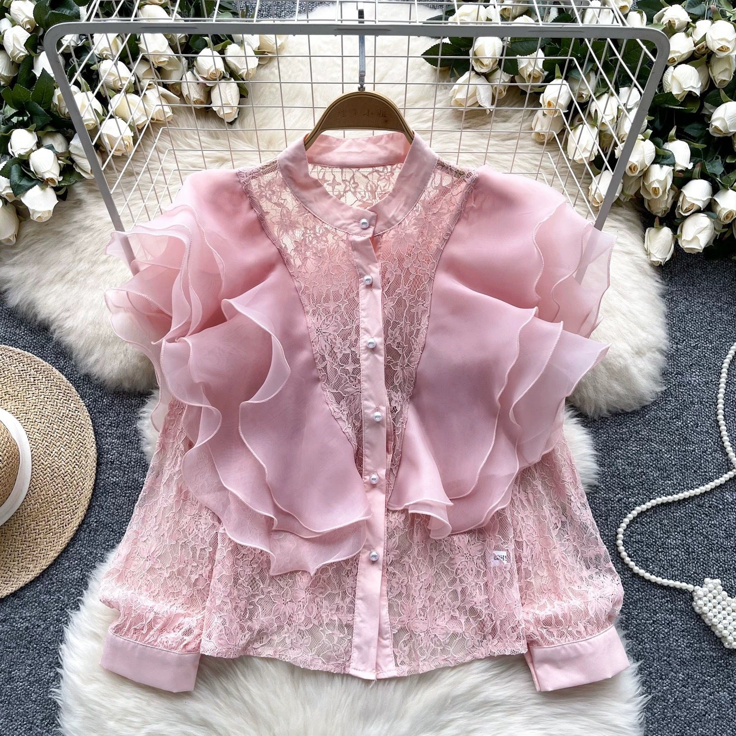 Luxury Ruffles Patchwork Round Neck Pearl Single-Breasted Lace Crop Top 6