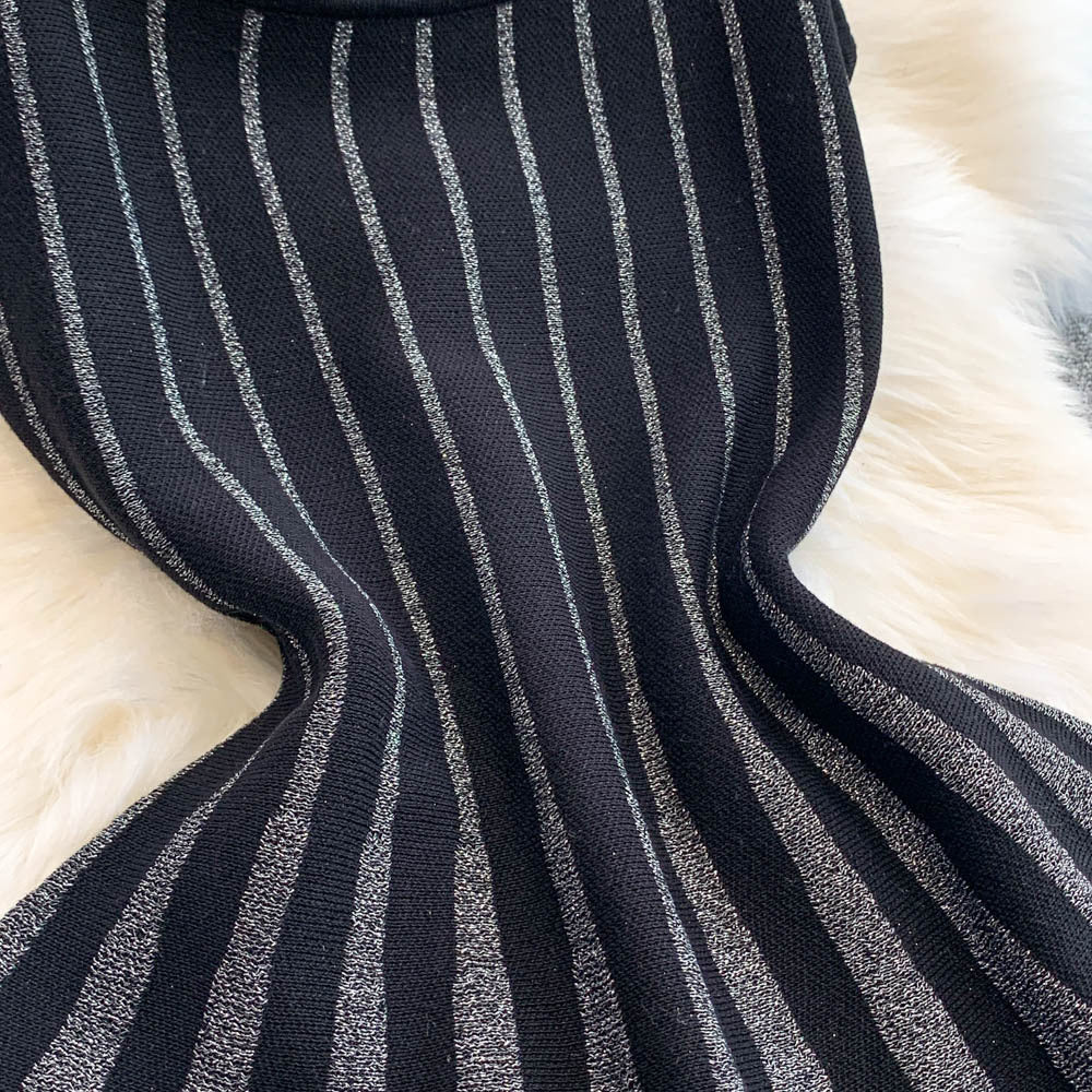 Chic Elegant Stripes Slim Waist Strap Knitting A-line Short Dress for Women 12