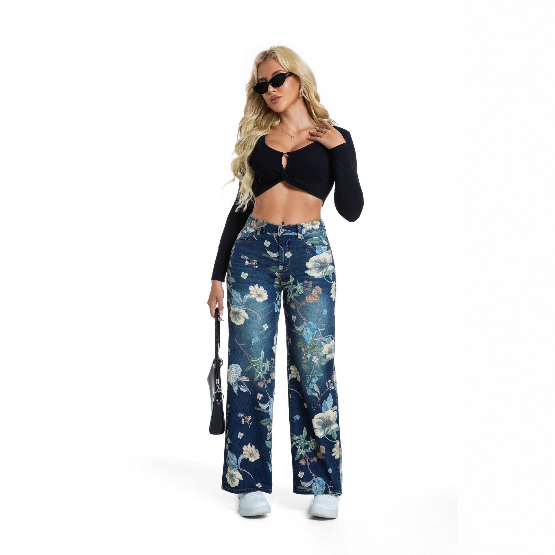 Women printed blue wide-leg denim pants 5