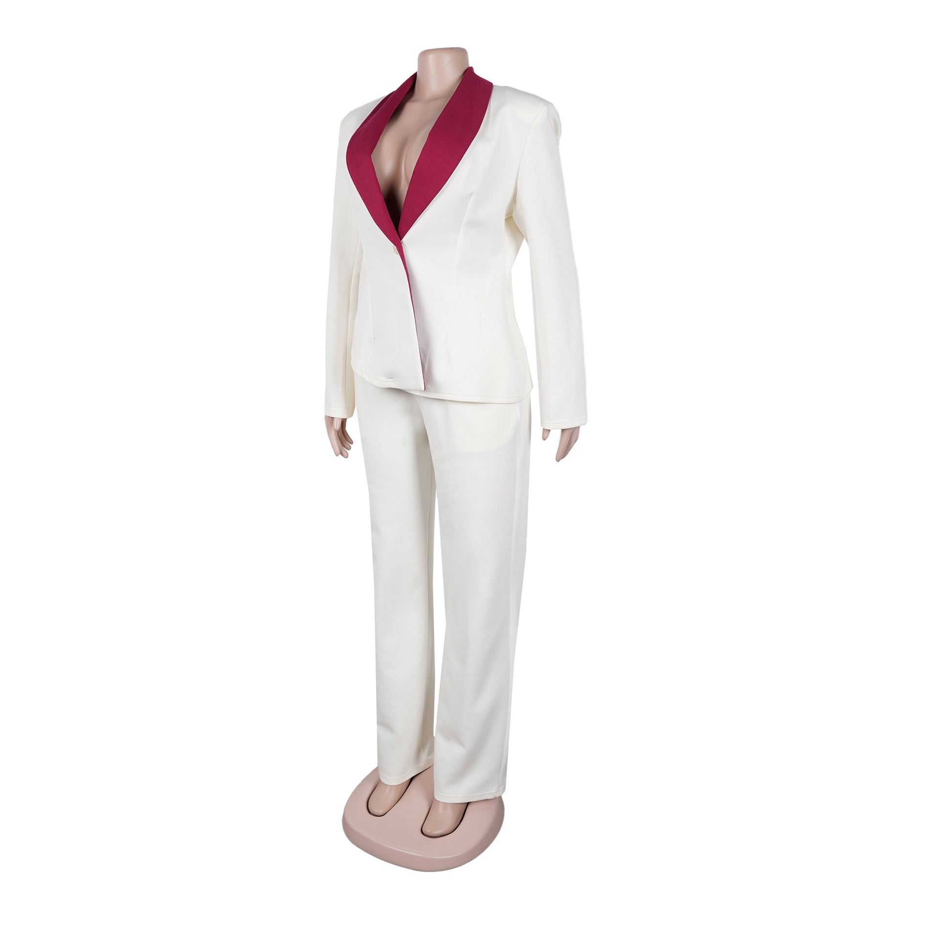 Women's Elegant Career Color-Blocking Turndown Collar Casual Suit Two-Piece Set 27
