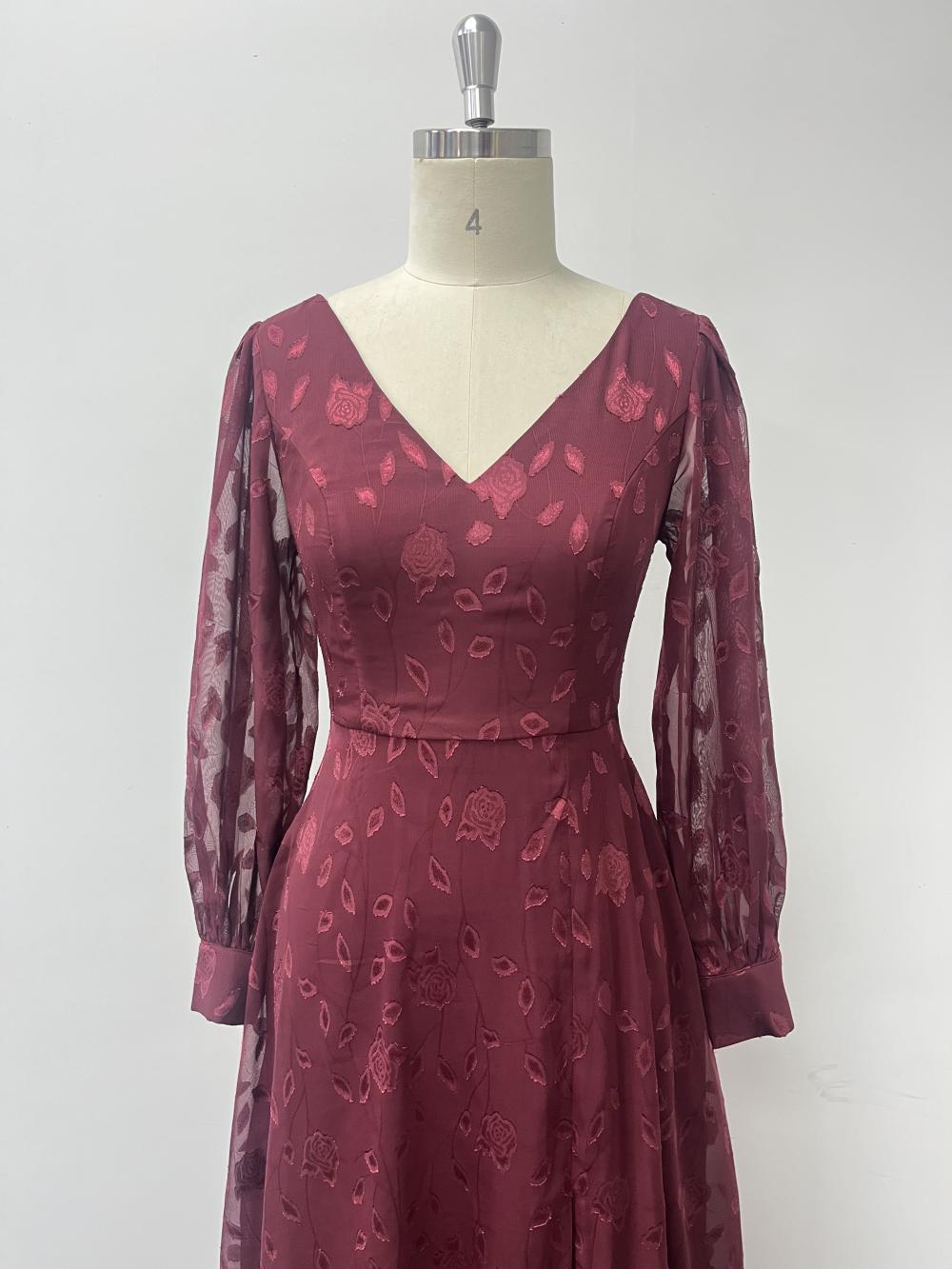 Autumn Long-Sleeve Double V-Neck High-Slit Lace Formal Dress with Full Lining 10