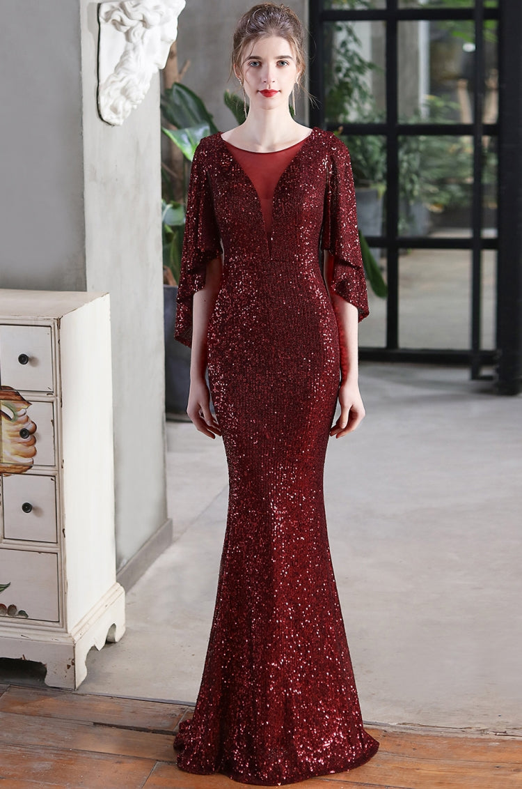 Autumn Formal Sequins Burgunry O-Neck Mermaid Evening Dress