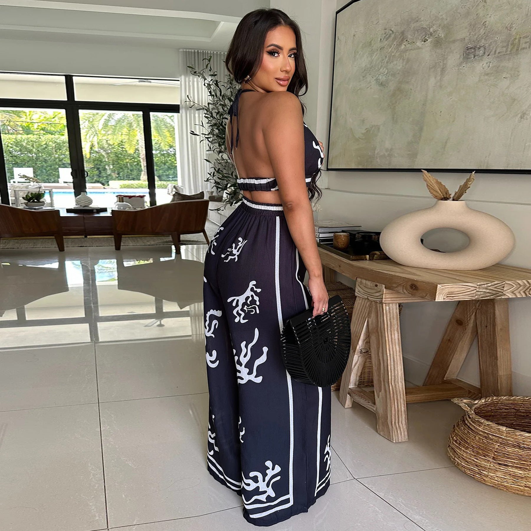 Summer Sexy Print Halter V Neck Vest Wide Leg Pants Two Piece Set 36