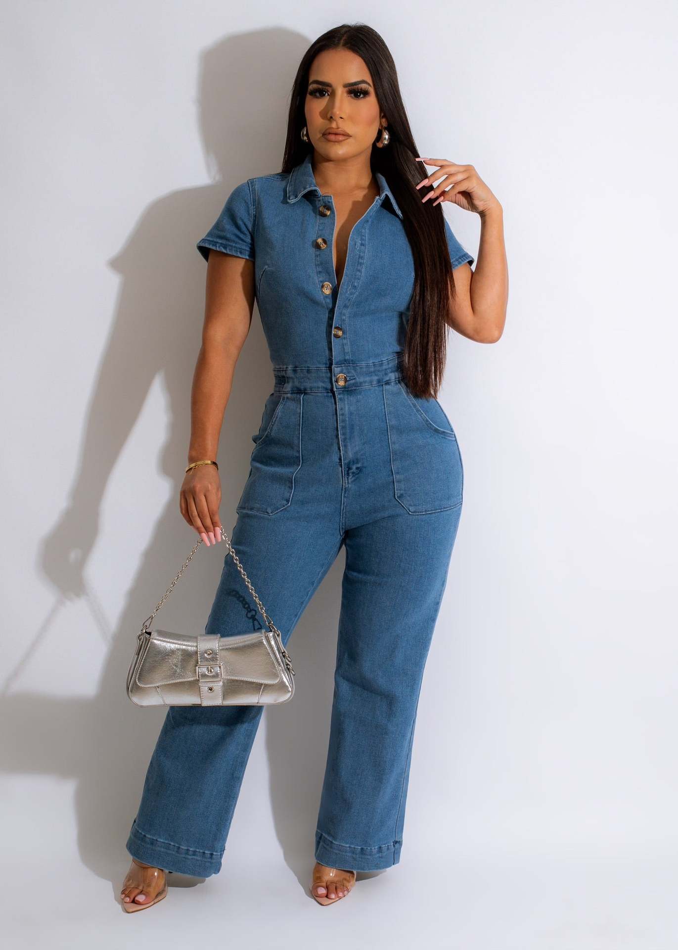 Sexy Fashion Denim Short Sleeve Wide Leg Jumpsuit 4