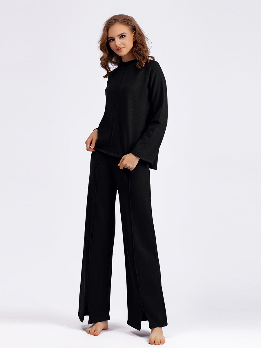 Women autumn and winter loose solid sweater and slit wide-leg pants two-piece set 5