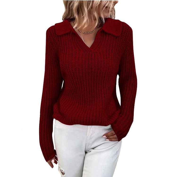 Women Turndown Collar Round Neck Sweater 17