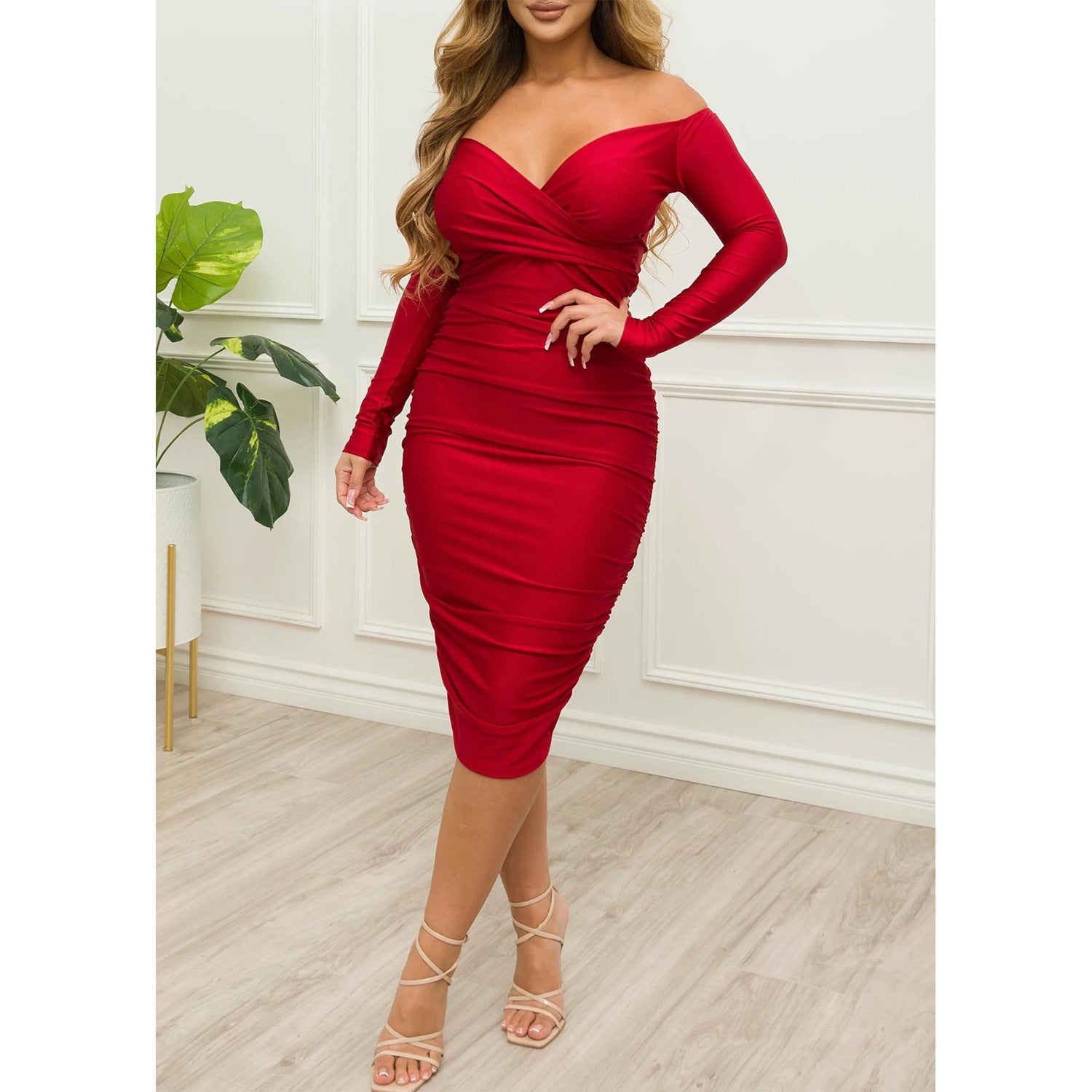 Fall Winter Women's Sexy Off Shoulder Pleated Bodycon Long Sleeve Dress 7