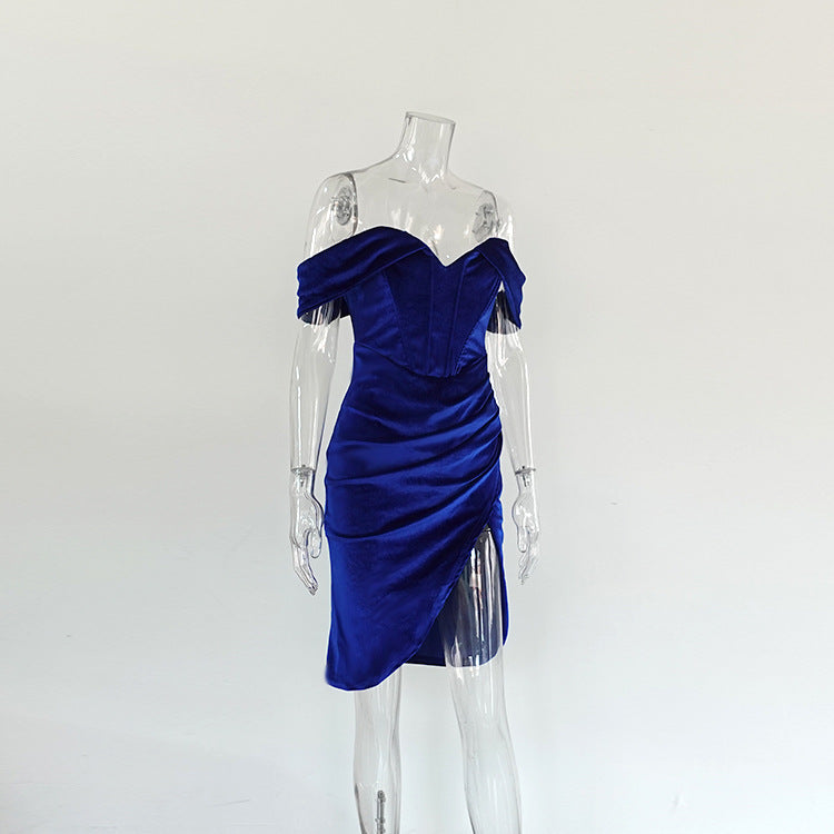 Women Vintage Off Shoulder Velvet Irregular Slit Pleated Dress 11