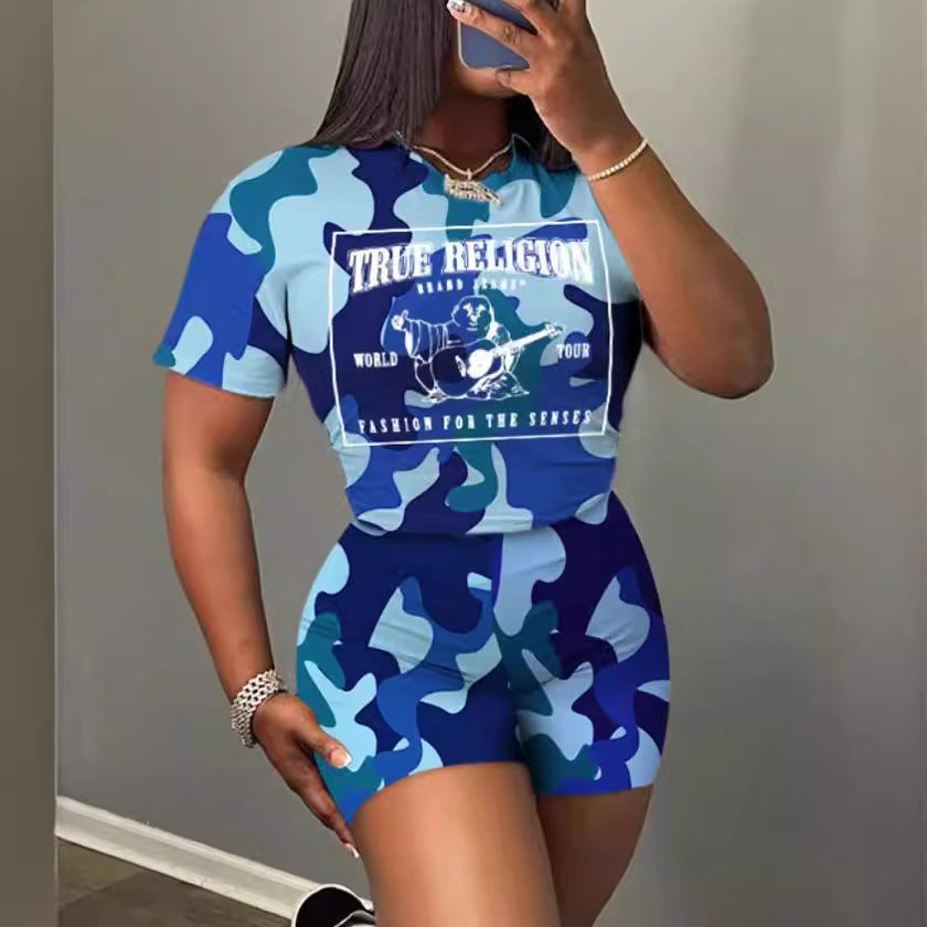 Fashionable Casual Trendy Printed Short-Sleeved Two Piece Shorts Set 6