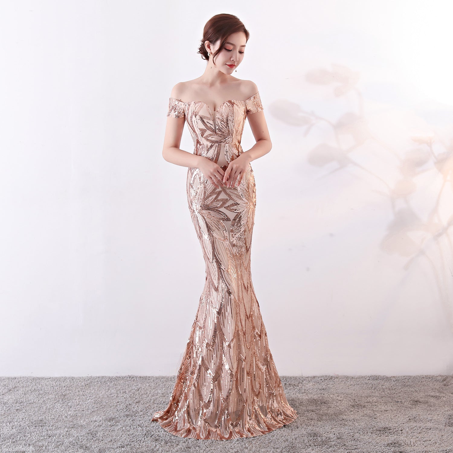 Off-Shoulder Slim Fit Sequin Fishtail Long Formal Party Evening Dress 12