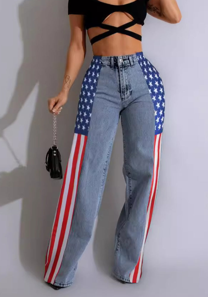 Women American Flag Printed Elastic Wide Leg Denim Pants