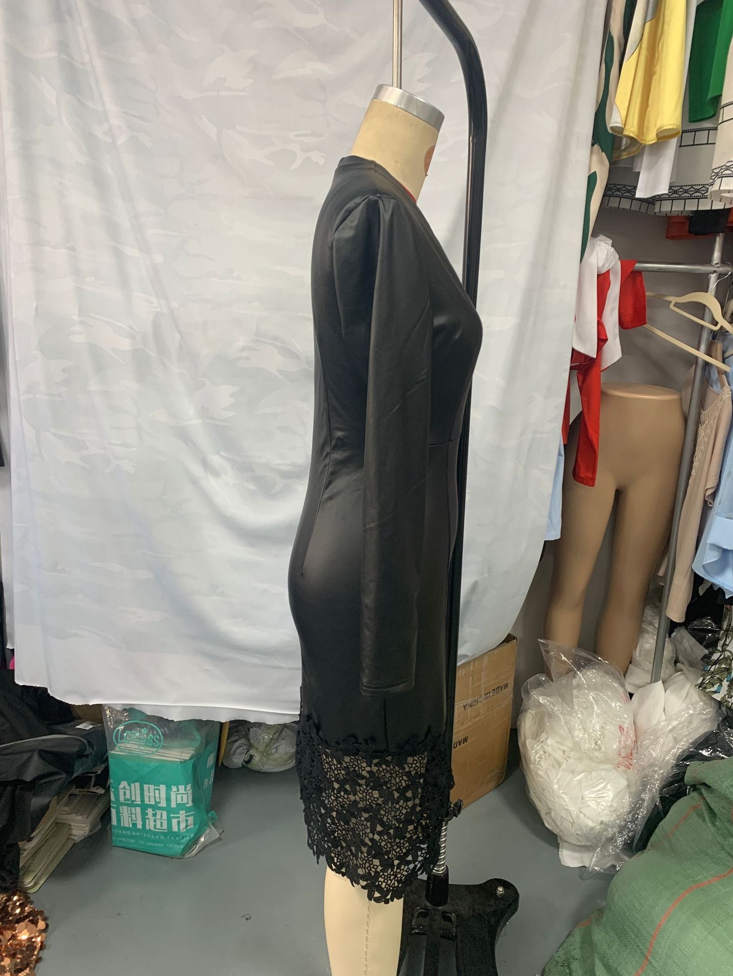 Women's pu Leather v-neck sexy long sleeve slim lace dress 9