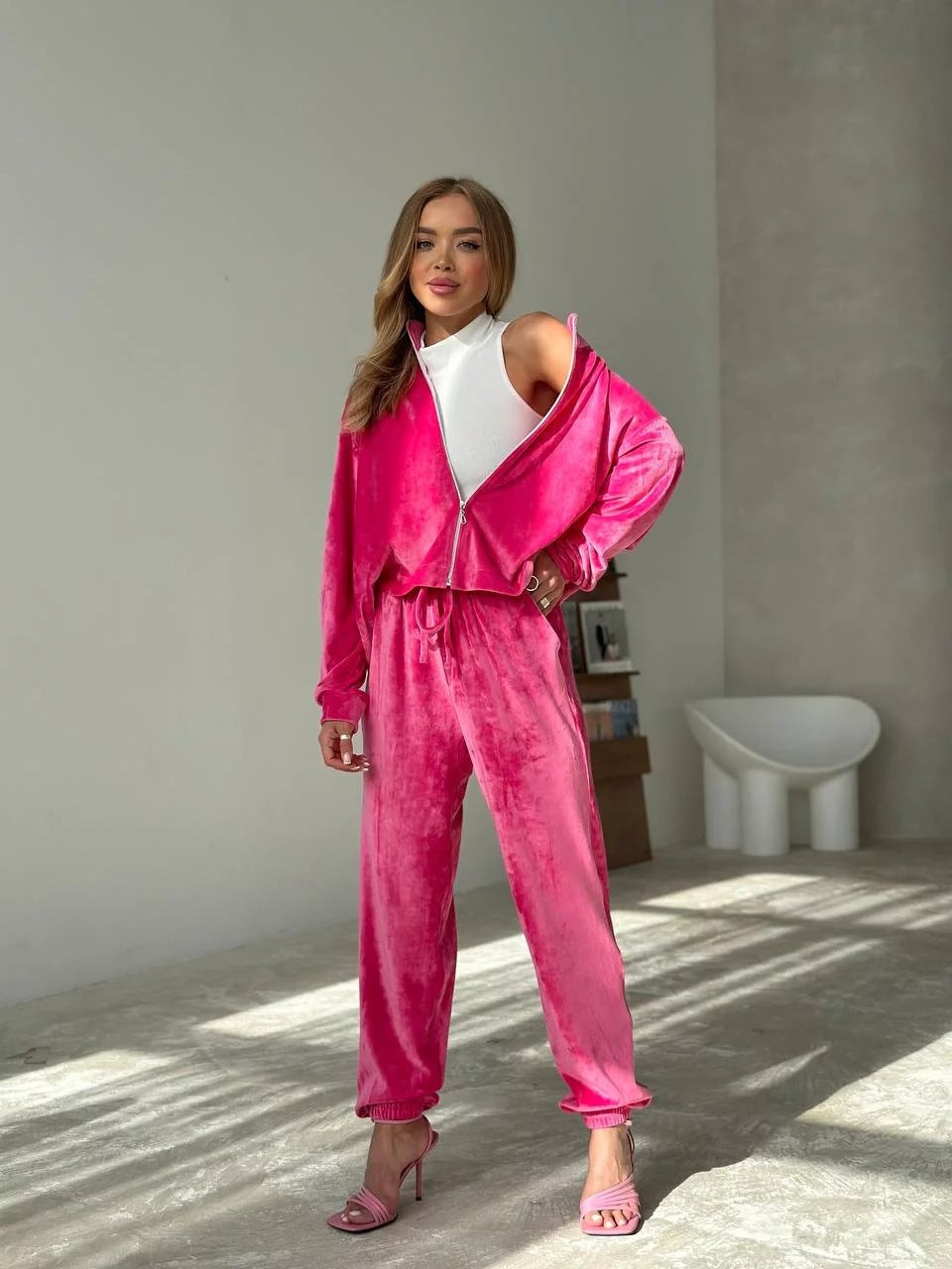 Autumn Velvet Zipper Long Sleeves Top Elastic Waist Pockets Trousers Casual Two-Piece Suit For Women 4