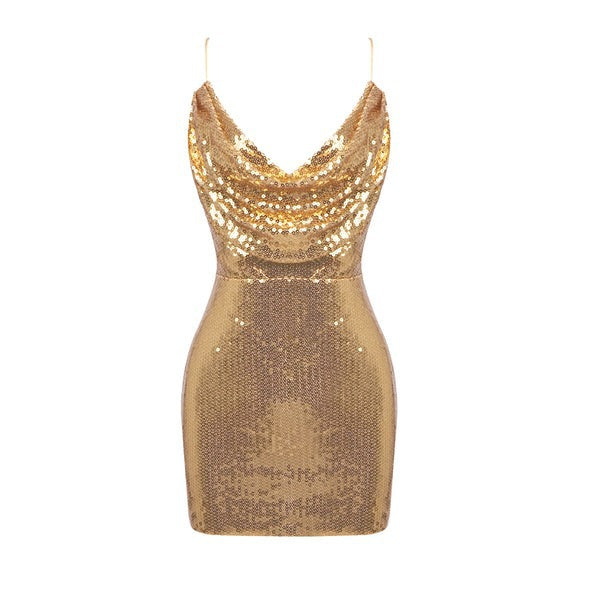 Sexy Gold V-Neck Strap Low Back Sequin Nightclub Mini Dress 9