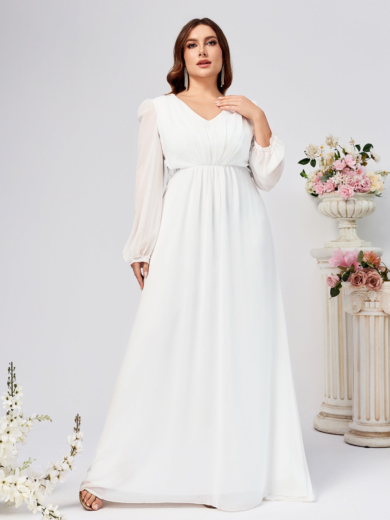 Plus Size Women Chiffon Long Sleeve V Neck Formal Party Dress