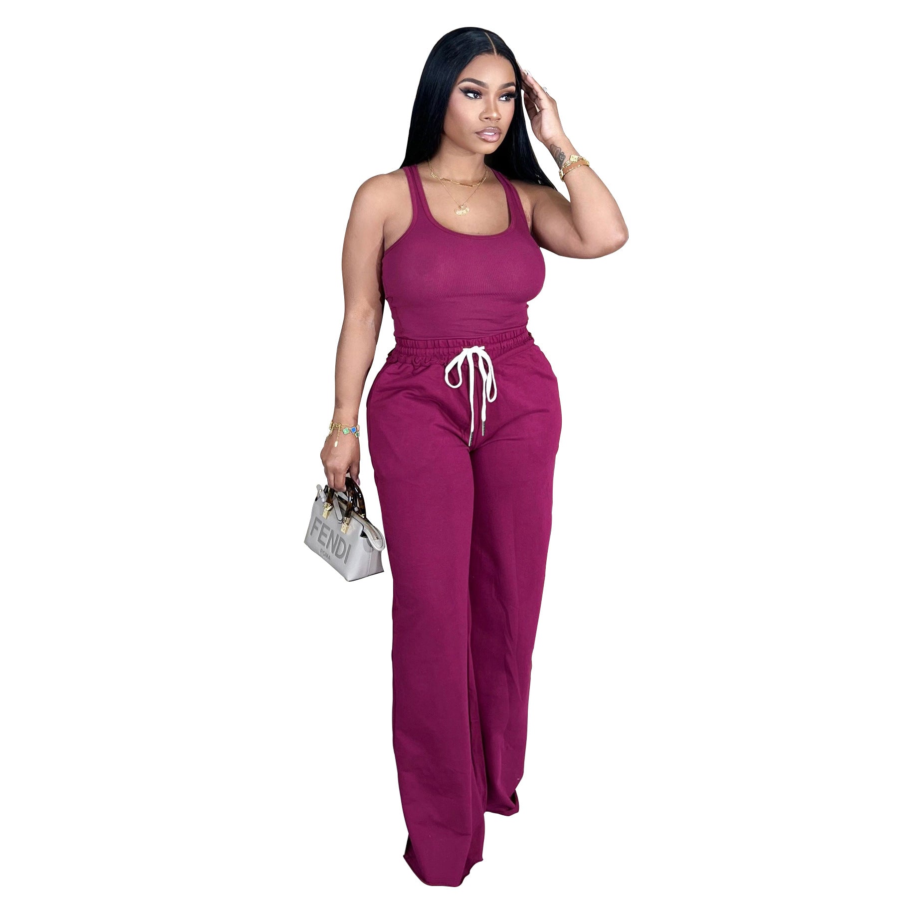Women sexy tank top and belted Pants Casual two-piece set 6