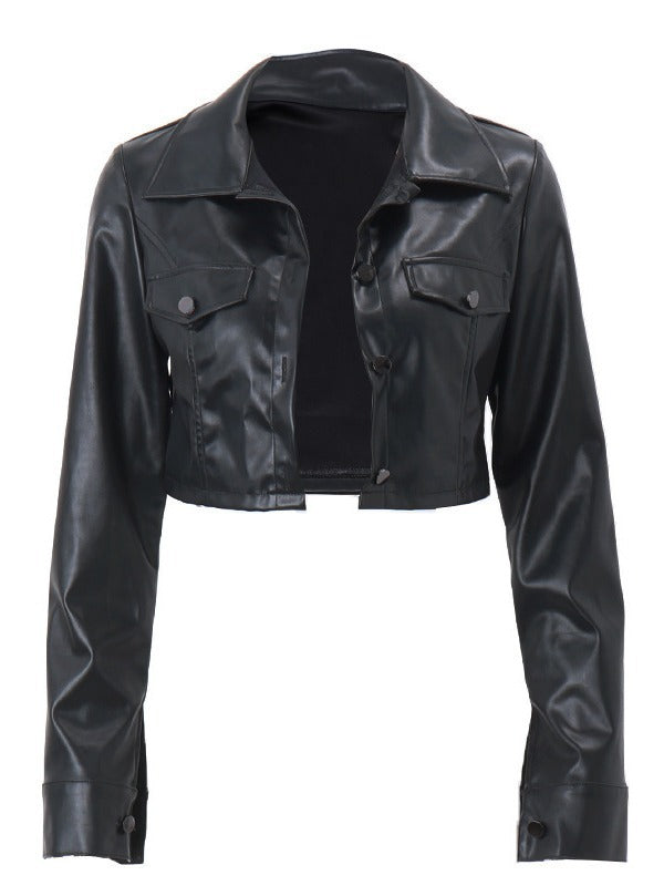 Women's Winter Turndown Collar Crop Pu Leather Jacket 6
